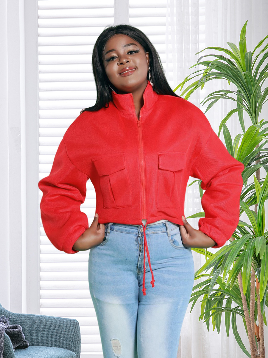 Fashion Solid Color Pocket Polyester Zipper Coat Jacket