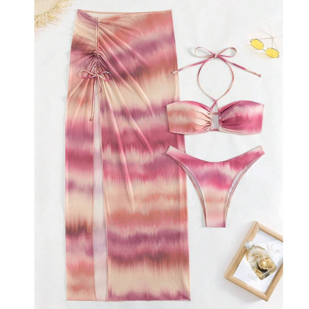 2054 новая корейская версия красителя с галстуком для девочек свежая чистая шея сексуальная бикини с длинными рукавами купальник из трех частей