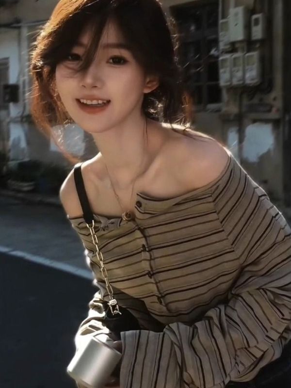 美式复古亨利衫一字肩露肩长袖T恤女春秋季2025新款宽松条纹上衣|undefined