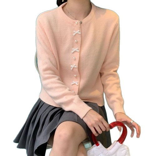 Fanyue Yellow Butterfly Knot Pearl Button Cardigan for Women - Spring Plain Color New Bestseller Gentle Style Knit Sweater