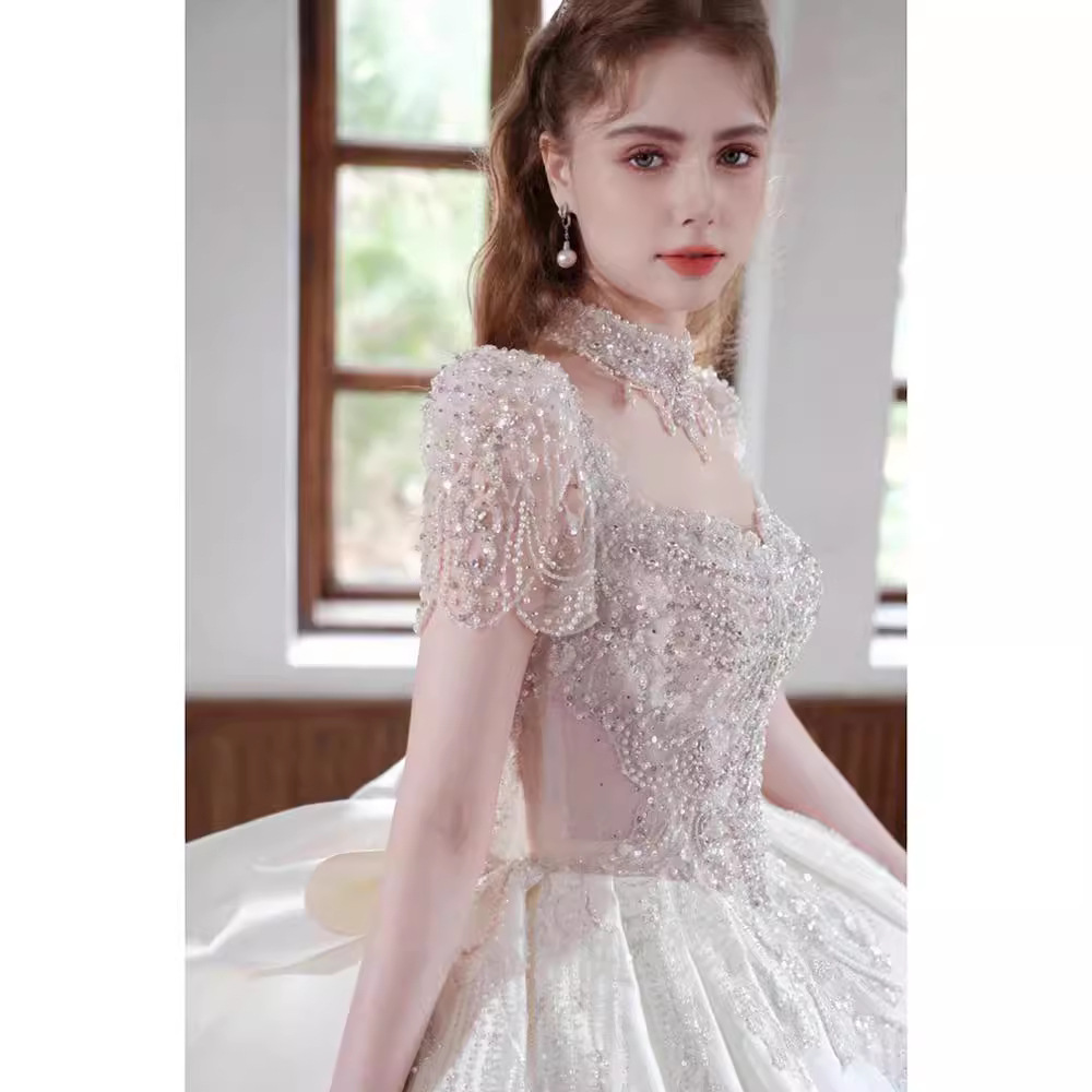 Vestido de novia principal de satén francés, modelo nuevo 2025 para novias pequeñas, artesanía de alta calidad, alta gama, talla grande, cola larga D106