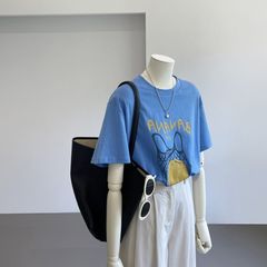 香蕉图案印花上衣设计蓝色短袖t恤女夏季圆领宽松体恤雪花棉上衣