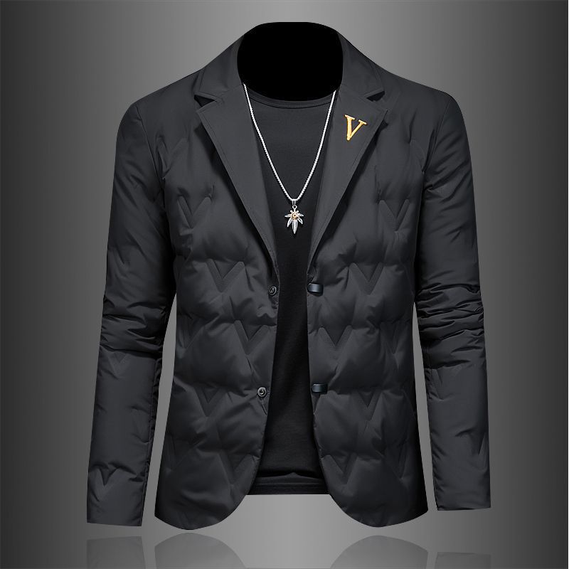 2023 Winter New Men's Slim Fit Suit Collar Short Sleeve down Jacket Trendy Fashion Business Casual Embroidered Jacket