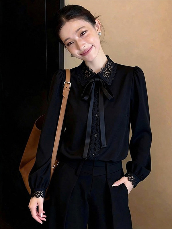Retro lace spring black elegant shirt with bow