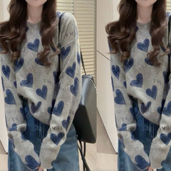 欧慵懒风宽松爱心字母针织衫女秋季韩系氛围感时尚减龄圆领毛衣