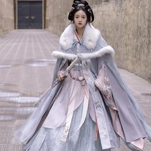 Wenxuan Pavilion [Snow Fall Moon White] Double-Layer Han Dynasty Cloak with Fur Collar to Heattech and Fairy-Like Winter Versatile Embroidered Cloak