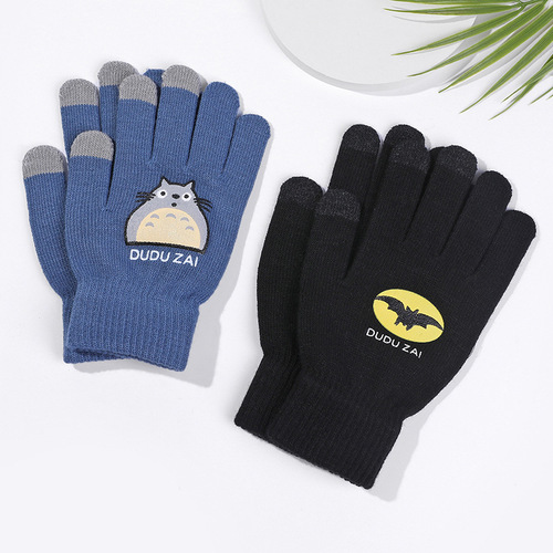 Five-finger gloves for women in winter, Korean version for students, cute cartoon plus velvet and thickened knitted couple, touch screen, warm for cycling men