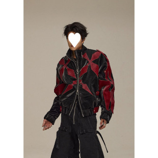 Spliced ​​Crocodile Pattern Black and Red Christmas Exclusive Rivet Decoration Loose Leather Jacket 2025 Spring and Autum New Product