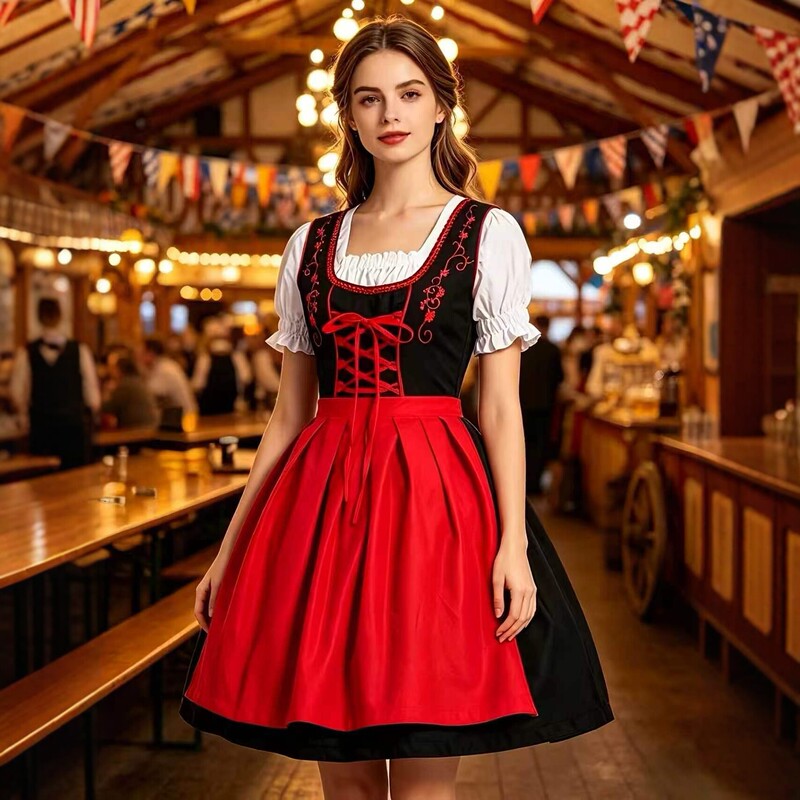 German Oktoberfest traditional dress for women, vintage Bavarian style, short-sleeved lace-up dress in red and blue