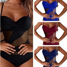 2022欧美外贸跨境比基尼亚马逊纯色性感网纱拼接镂空钢托连体泳衣