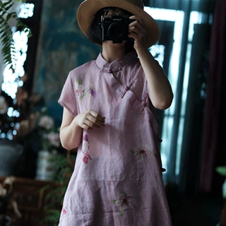 轻定制苎麻改良旗袍印花立领斜襟盘扣连衣裙显瘦穿搭1333紫玉兰