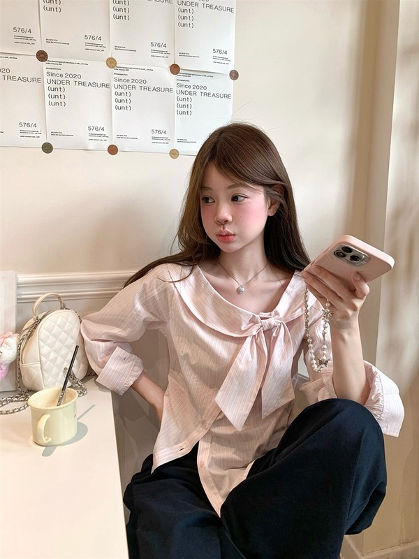 实拍  淡淡樱花粉色条纹少女长袖格子衬衫|undefined
