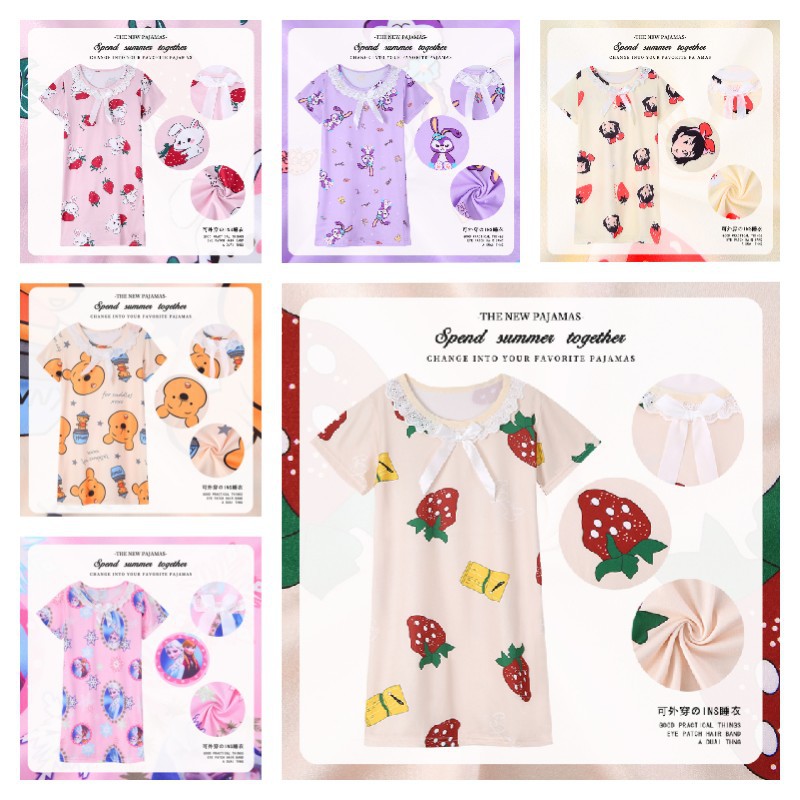 Girls' Sleep Gowns, Children's Summer Short Sleeve Baby Thin Edge Lace Dress, Cartoon Homecoming Wear for Little Girls, Medium to Large Kids