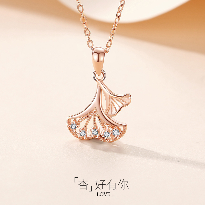 Sansheng suerte plata esterlina S925 collar ginkgo hoja diamante hoja planta clavícula cadena japonés y coreano dulce nicho collar