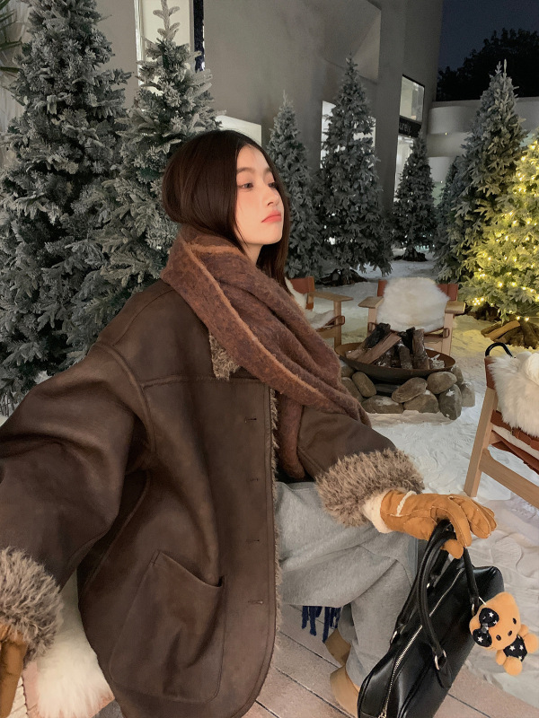 区区欧阳双面穿环保皮毛一体外套女冬季加厚休闲宽松复古加绒皮衣|undefined