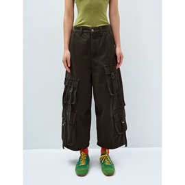 【识时黑标】新品纯棉飘带重工多口袋休闲宽松工装九分裤女V60085