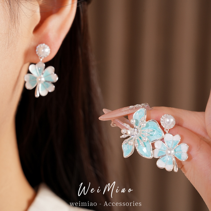 Aguja de plata zircon goteo de aceite hierba afortunada flores azules perlas pendientes de perlas temperamento dulce pendientes de lujo ligero de alta calidad pendientes image 3