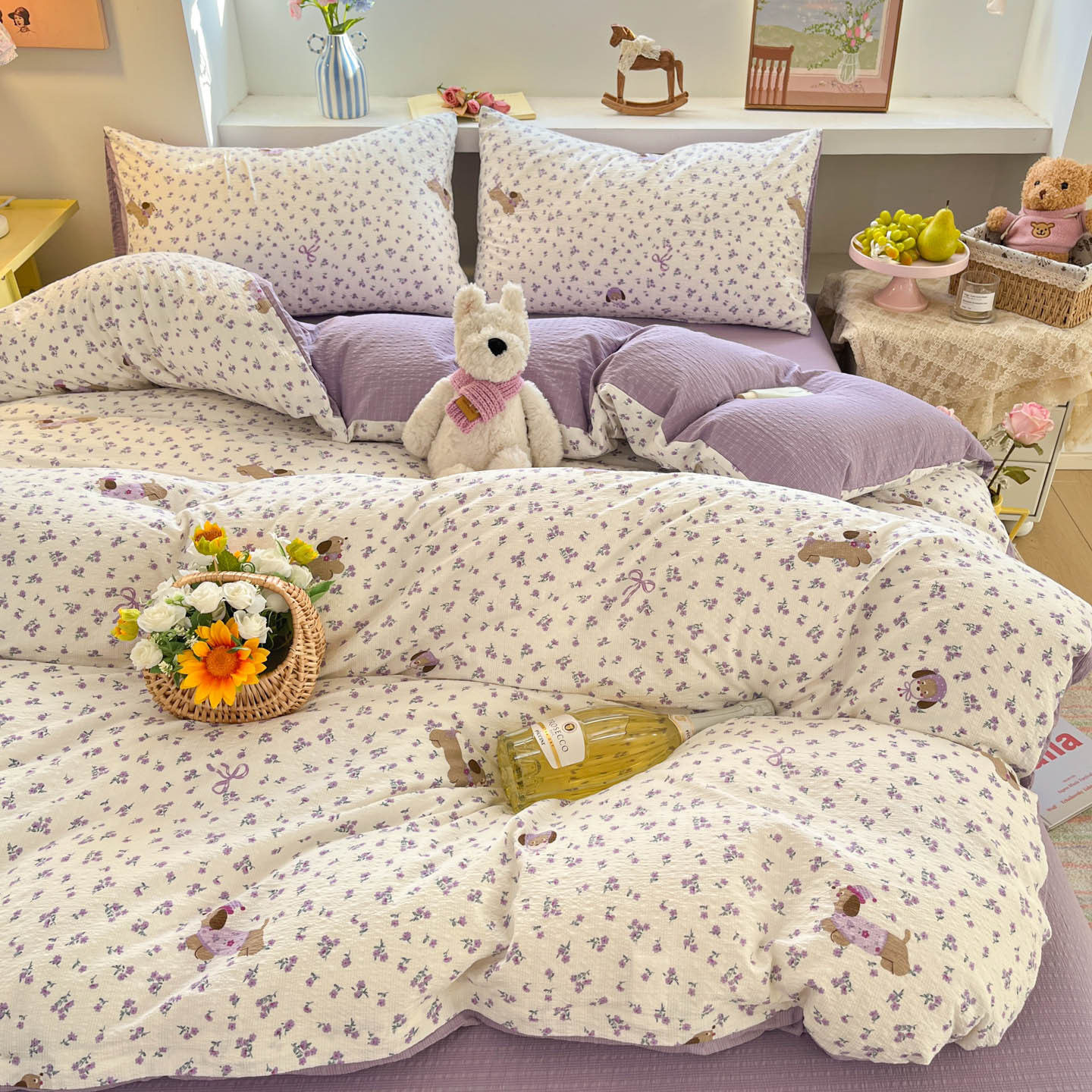 Flower dog [class a maternal and infant grade puff yarn] / 【flat sheet style】0.9 three-piece set - duvet cover 150x200 cm