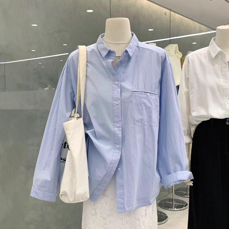 French Blue Shirt for Women Spring & Fall 2025 New Style Small Loose Lapel Shirt with Layered Long-Sleeved Top