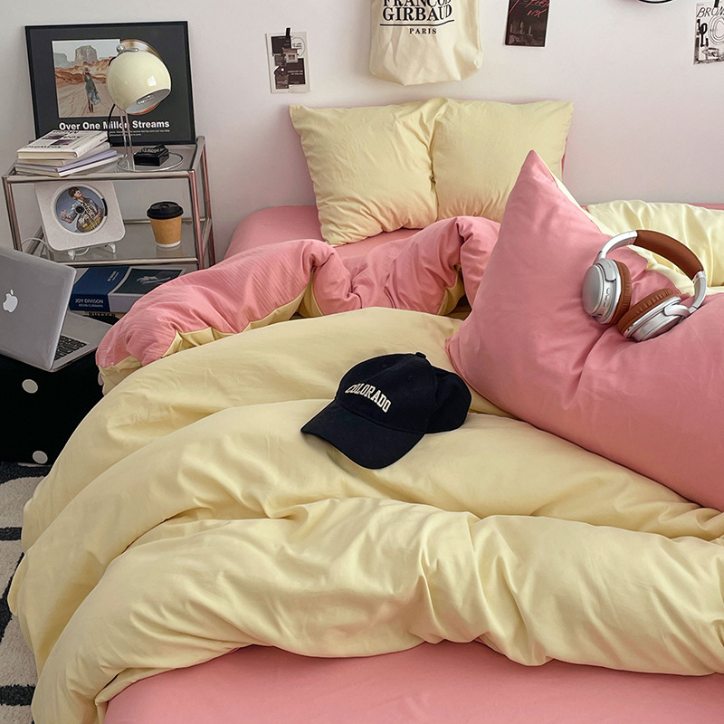 Washed Cotton Bedding Set Soft Breathable Bed Linen Four Pieces_voghion.com
