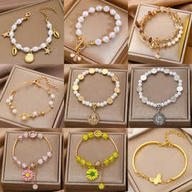 欧美蝴蝶结手链女蜜蜂蝴蝶珍珠手串轻奢气质不锈钢手饰跨境饰品