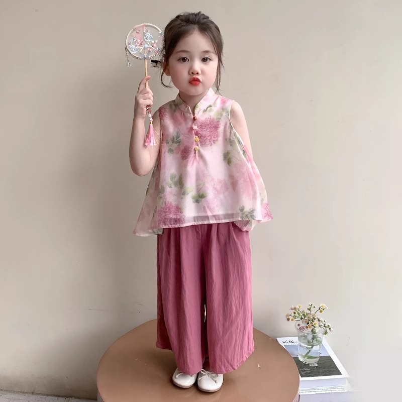 女の赤ちゃん韓服スーツ夏服 2025 新しい子供の新しい中国風のツーピースセット女の子の夏服トレンディな配送|undefined