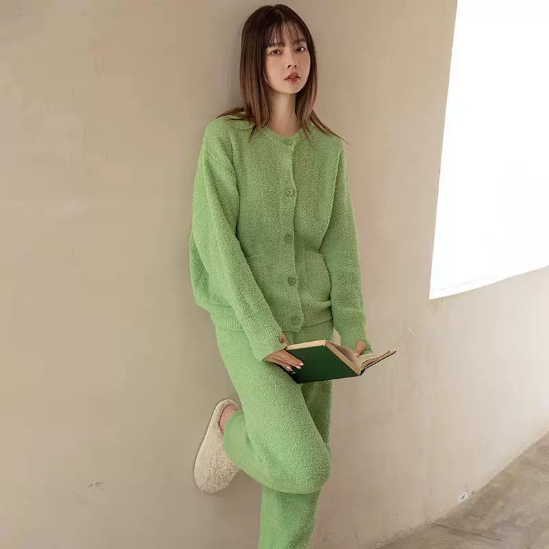 新款秋冬半边绒套头两件套加绒哺乳睡衣开衫保暖家居服套装绿色