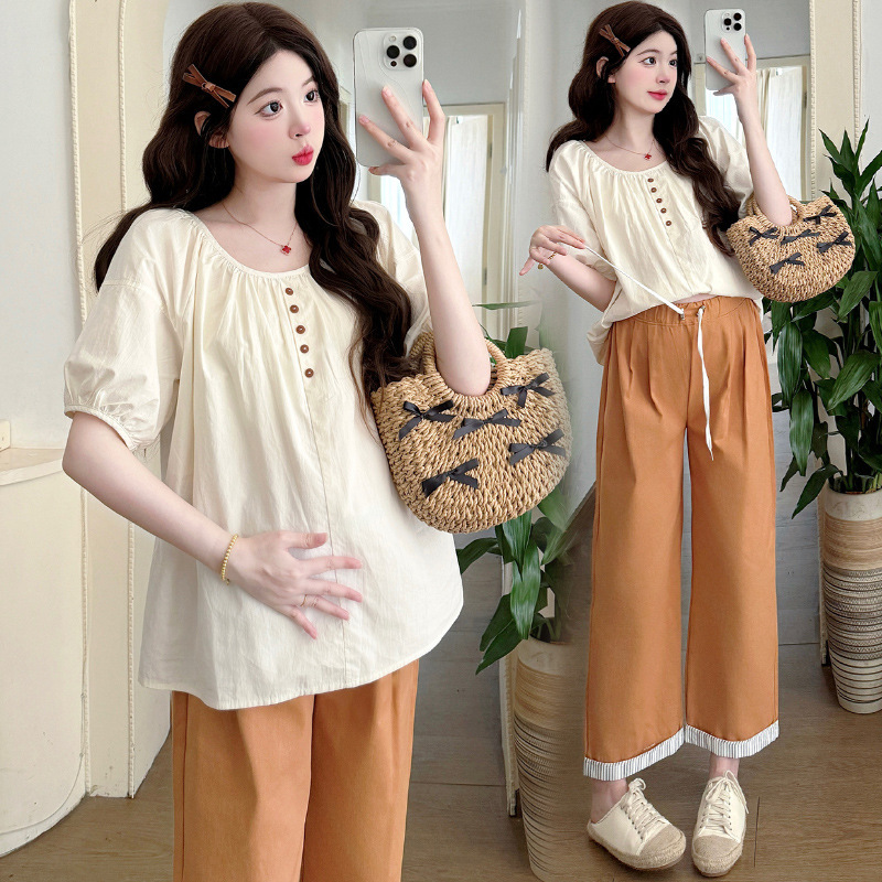 Pregnant Women Summer New French Loose Short-sleeved Shirt Top Women's Drawstring Wide-leg Pants Two-piece Suit