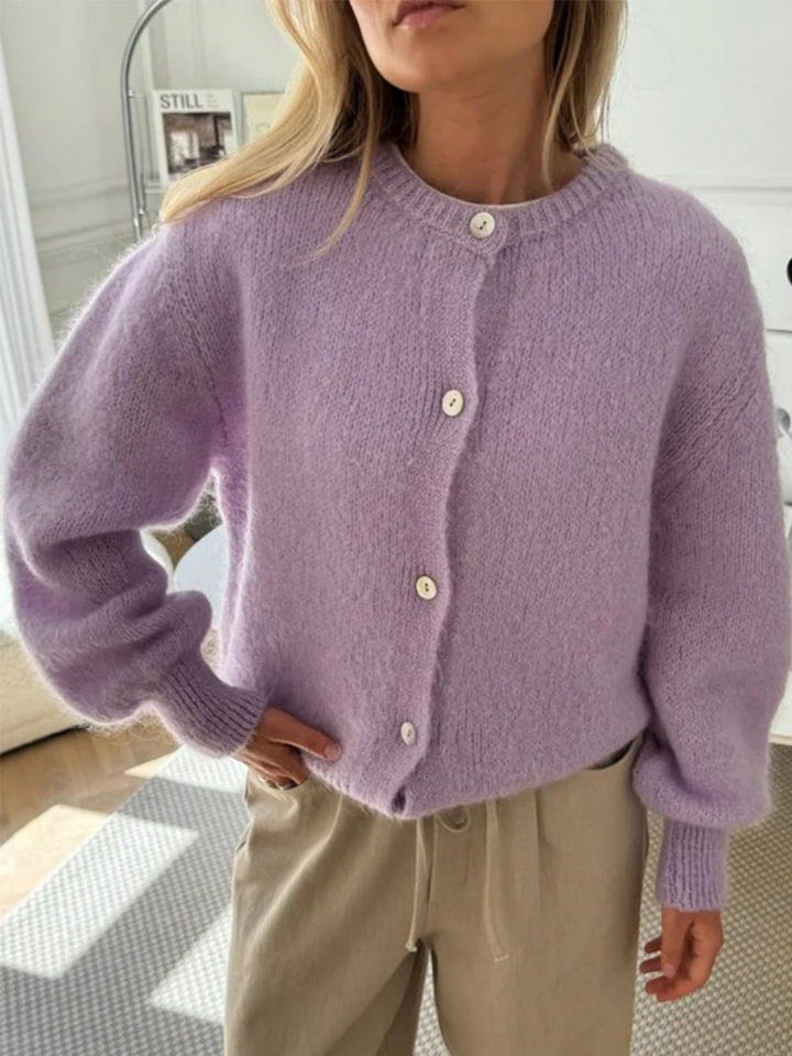 Áo cardigan len dệt kim dáng mỏng nhẹ cài nút một hàng, tay dài cổ tròn nữ — hoa hồng đỏ, màu be, màu cam, màu hoa cà chi tiết 73