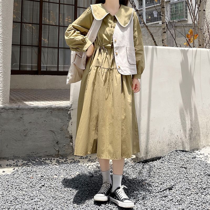 学院风娃娃领连衣裙套装春秋少女初中高中学生甜美马甲外套两件套|undefined