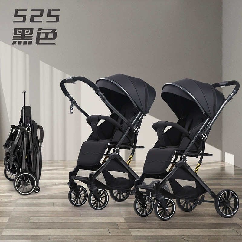 Stroller with seat, children's black trolley, can sit and lie
