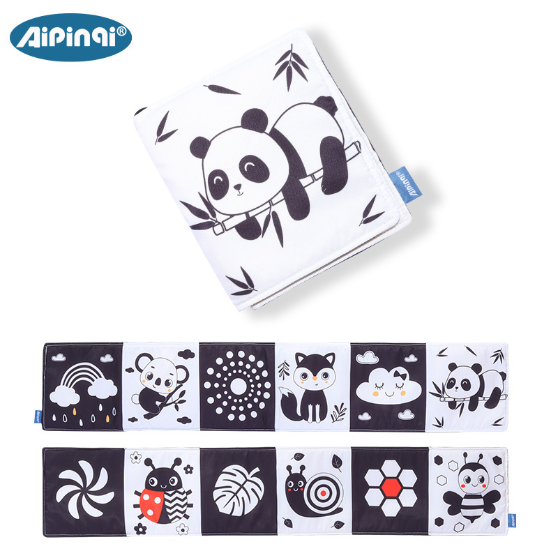 Libro de tela educativo blanco y negro para bebés, mordedor y juguete estereoscópico 0–1 año