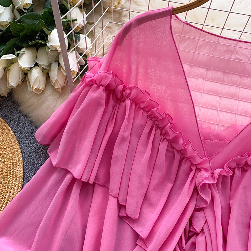Summer Elegant Lazy Style Socialite Ruffled Trim Flared Sleeve Chiffon Blouse Loose Shirt Women's Clothing Tops_ecoleips.com