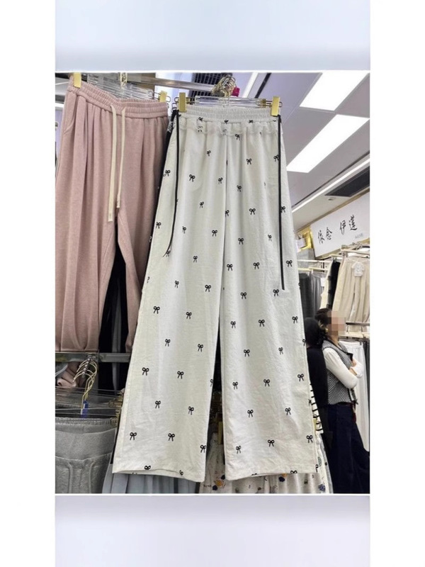 Douyin アメリカンハイウエストストレートパンツ、リボンレースステッチカジュアルレディースパンツ、ウエストゴム、ゆったりワイドパンツ|undefined