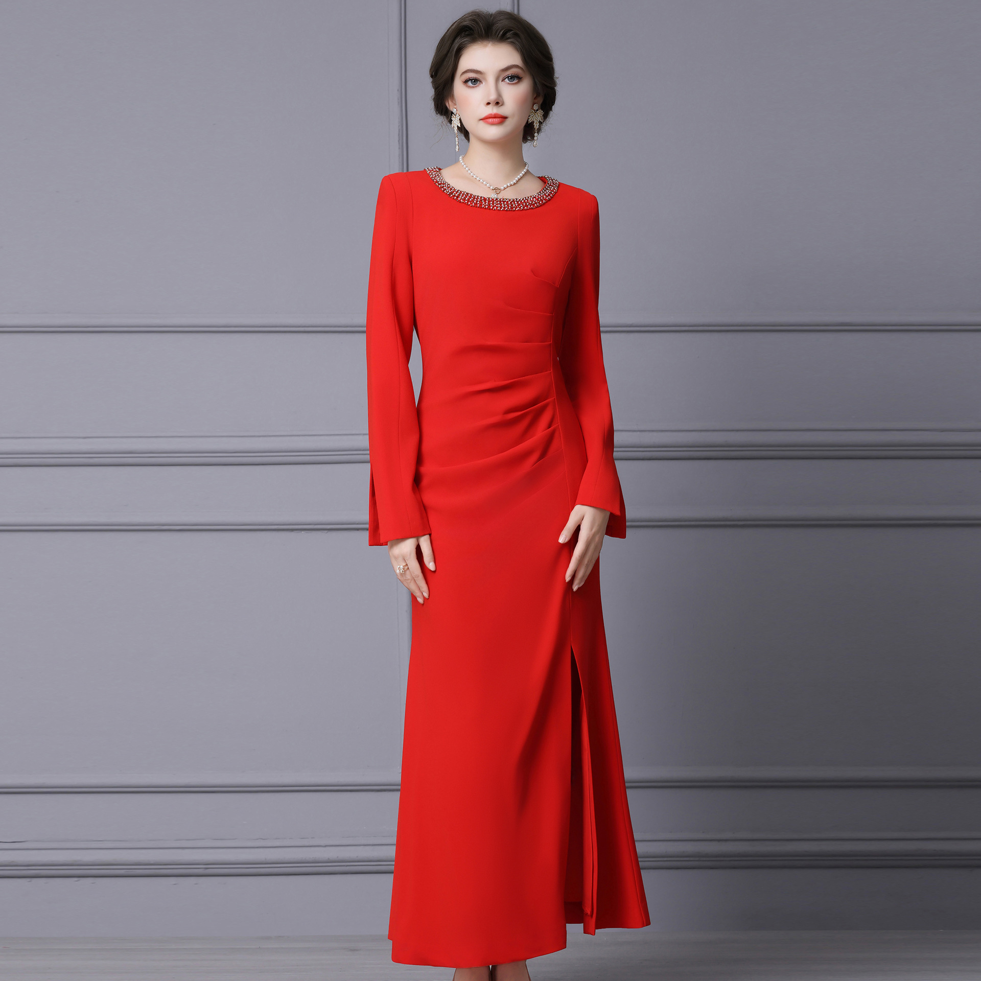 Zhili's Stunning Formal Dress for Special Occasions, 2026 Spring New Model, Red Rhinestone Embellished Slim-Fit Long Light Gown Dress