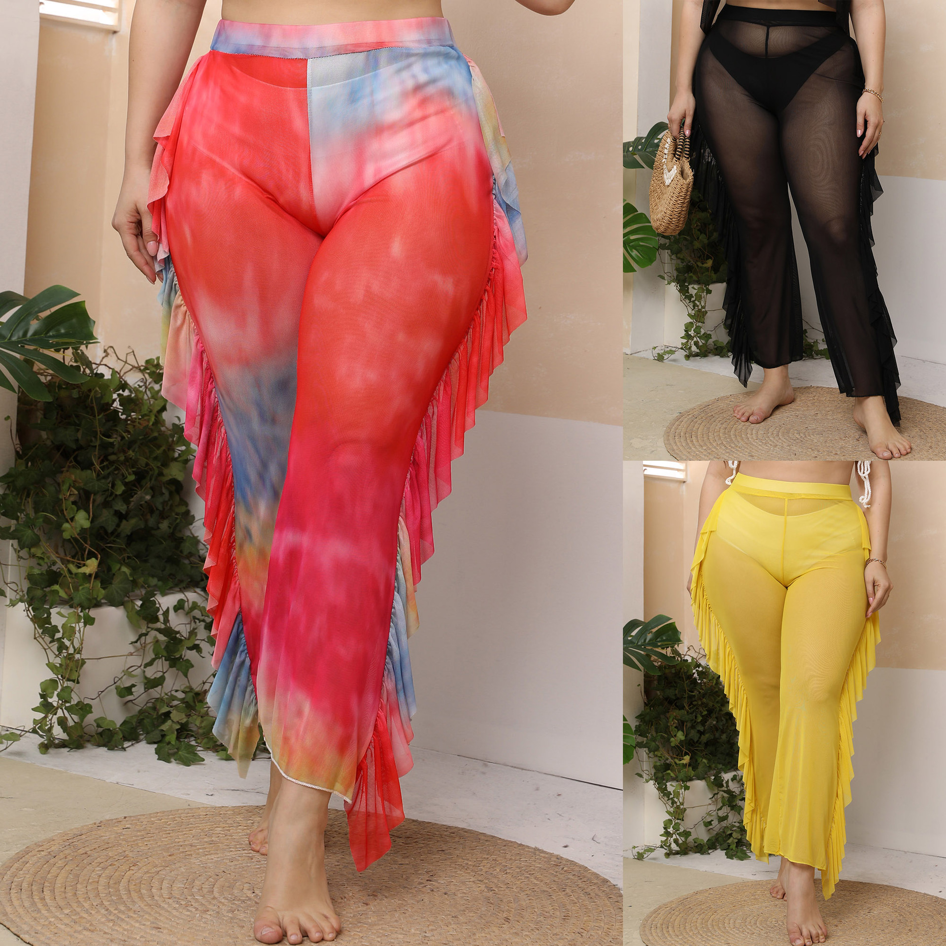 Fashion Tie Dye Spandex Polyester Net Yarn Ruffles See-Through Casual Pants