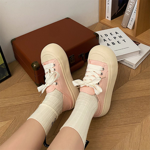 Super popular thick-soled canvas shoes for women  new spring and autumn Hong Kong style student lightweight white shoes versatile board shoes