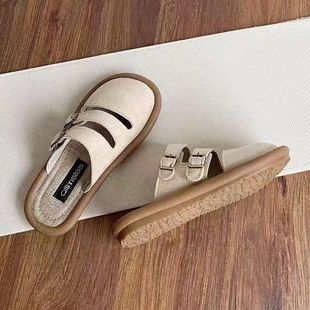 Birkenth Shoes Summer Slip-on Half Slippers Women's Breathable Linen Lazy Shoes Soft-soled Cotton and Linen Muller Shoes for Outer Wear
