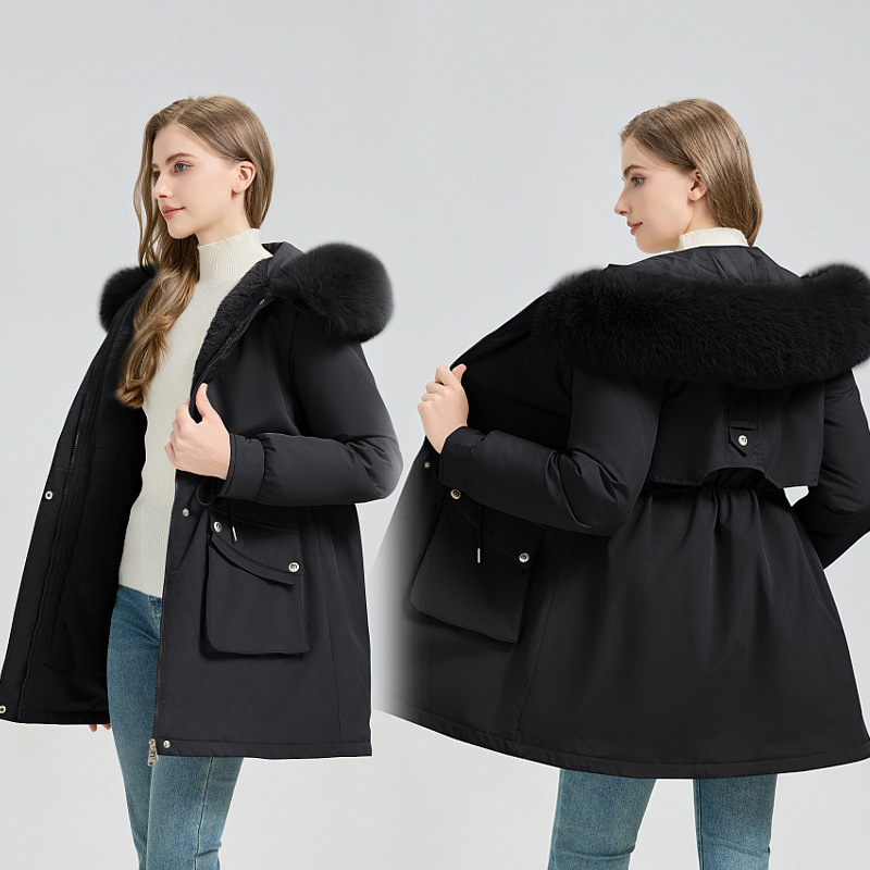 2025 Winter New Thick Parka Women's Waist-Slimming Hooded Large Fur Collar Integrated Fleece Cotton Coat Jacket Women's Trendy