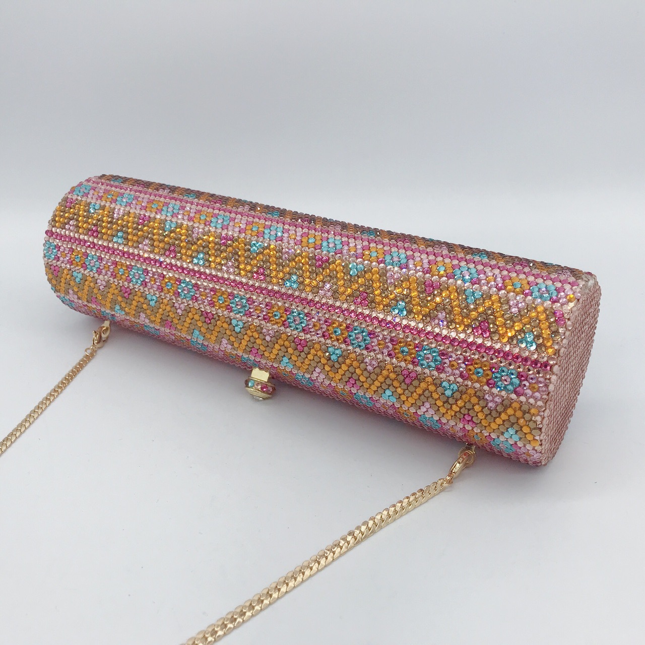 Túi clutch dạ tiệc đính kim cương thủ công chuỗi hình trụ phong cách Âu Mỹ — Màu phấn vân v chi tiết 4