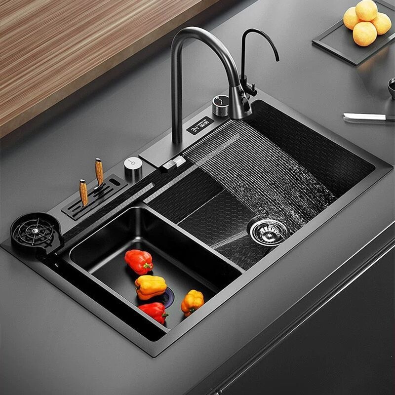 Yuyao thickened Rainfall Waterfall digital display sink with knife rack, large single basin, nano-coated under-counter kitchen sink