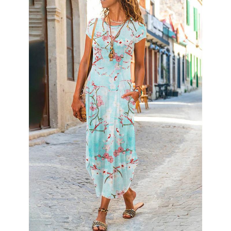 Regular Dress Dresses Type Regular Sleeve Sleeve Type Women's Regular Dress Casual Round Neck Printing Pocket Short Sleeve Printing Ditsy Floral Maxi Long Dress Daily