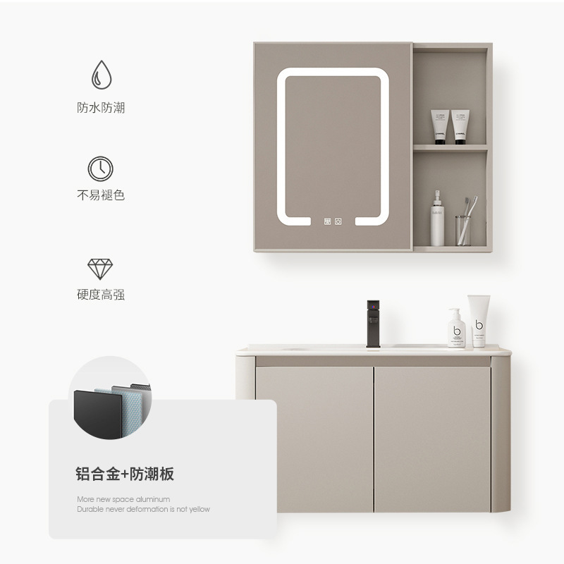 Instalación de aire de crema de aluminio espacio gabinete de espejo de baño combinación cerámica moderna lavabo lavabo gabinete de baño fabricante