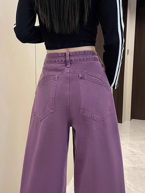 紫色工装阔腿牛仔裤女秋季2025新款今年流行高腰显瘦宽松弯刀裤子|undefined