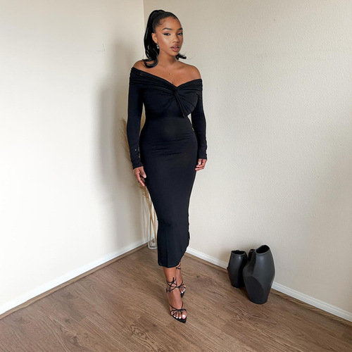 A658DS European and American Autumn Solid-Color V-Neck Sexy Slim-Fit Long-Sleeve High-Waist Bodycon Dress