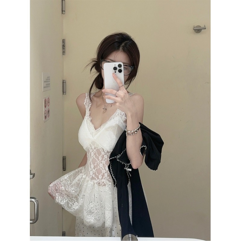 蝴蝶结叠穿长袖针织衫蕾丝吊带背心波点阔腿裤女秋季新款时尚套装|undefined
