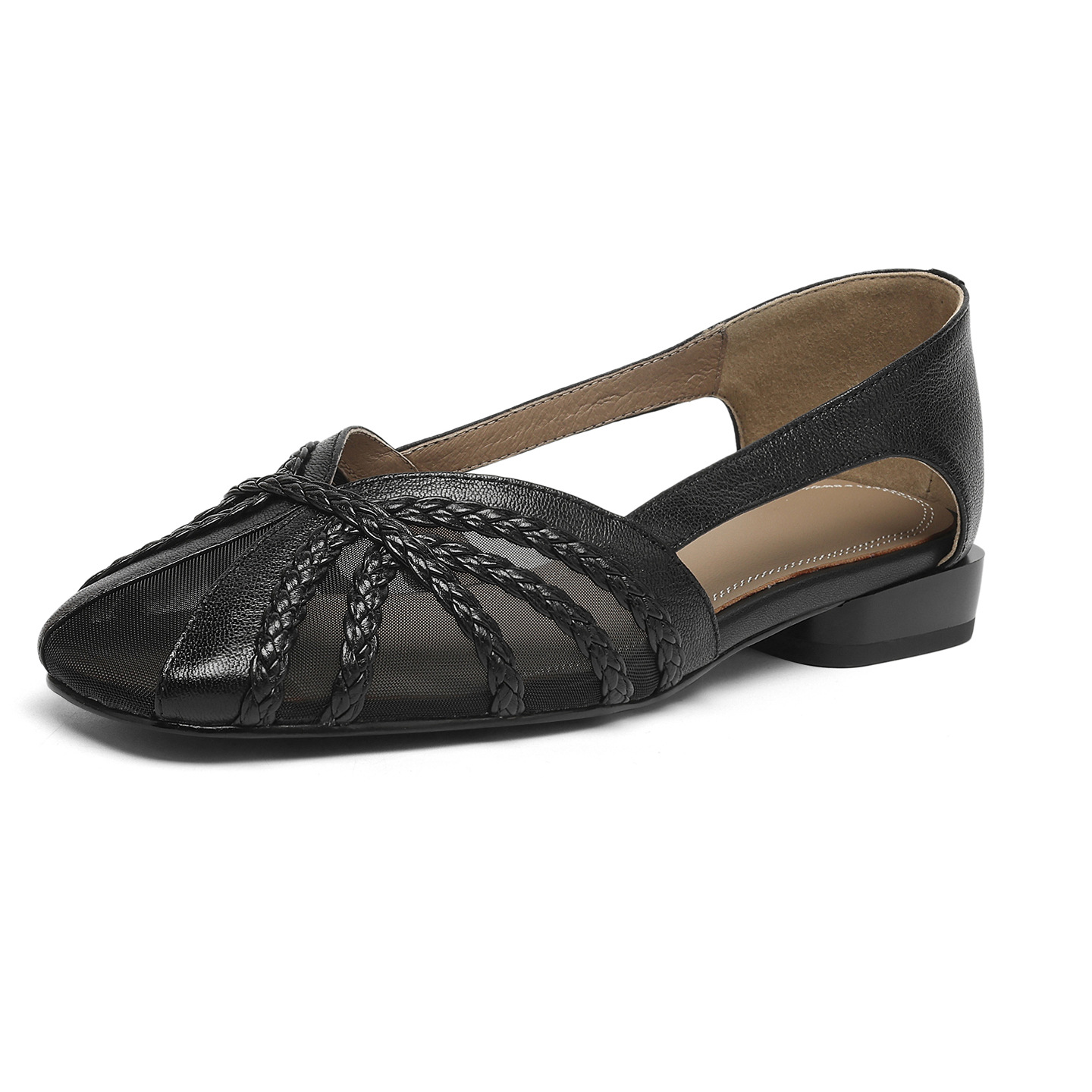 Sandal nữ da cừu mũi kín đế bệt phối lưới thoáng khí — đen chi tiết 22