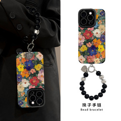 油画花朵手链适用苹果16pro手机壳iphone14硅胶羊皮15全包防摔13