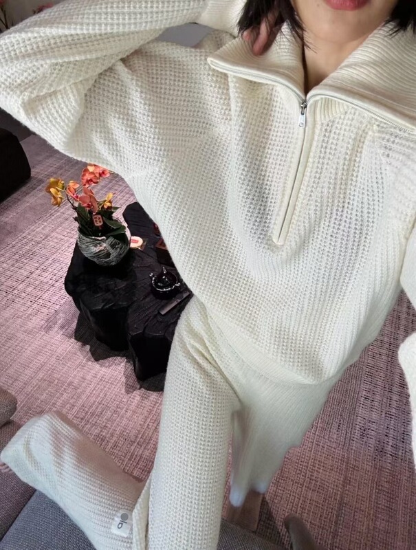 高品质现货Alo 华夫格 高领长袖毛衣女卫衣普拉提针织衫宽松上衣|undefined