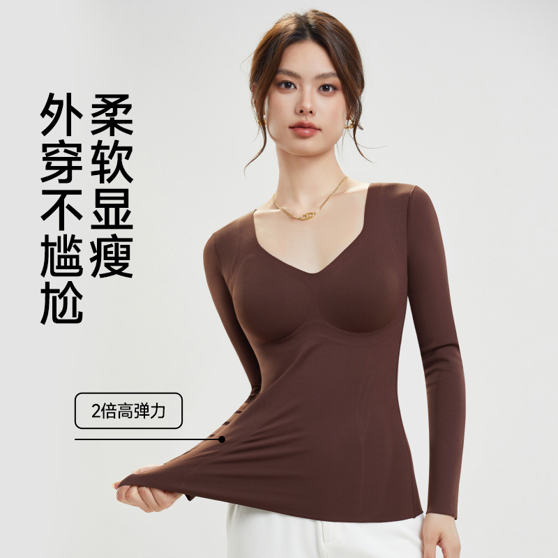 2025秋季新款7A慕斯绒磨毛暖肤衣带胸垫内长袖心乳木果保暖上衣